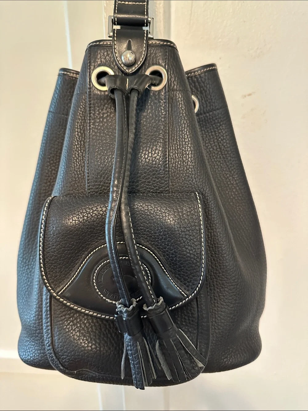Dooney & Bourke Classic Vintage Black Leather Drawstring Sling Backpack